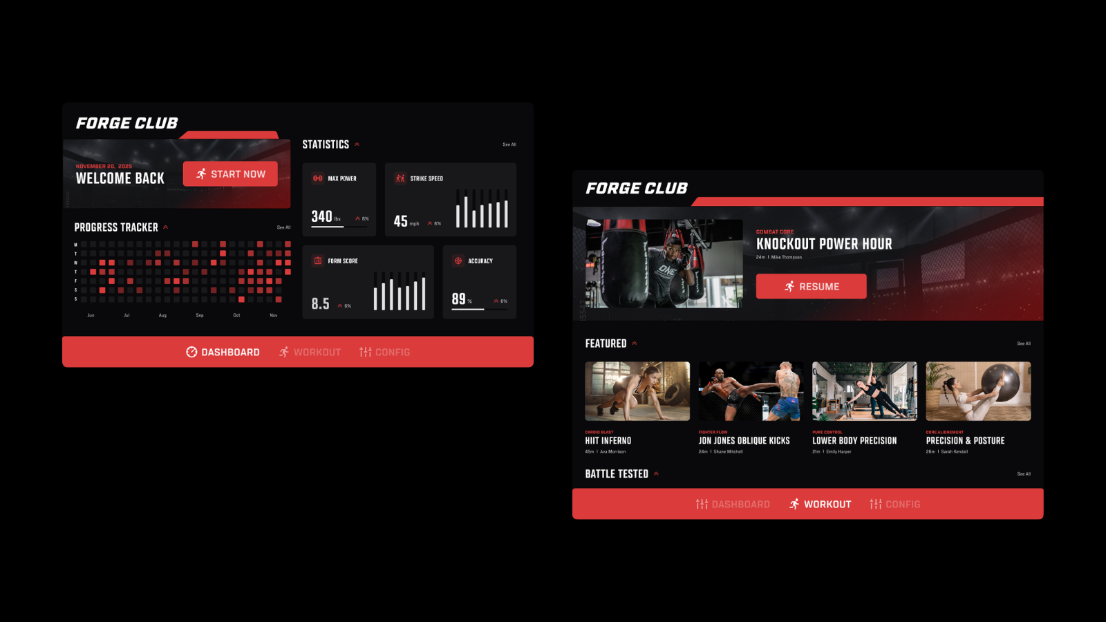 Forge Club dashboard and workout screens